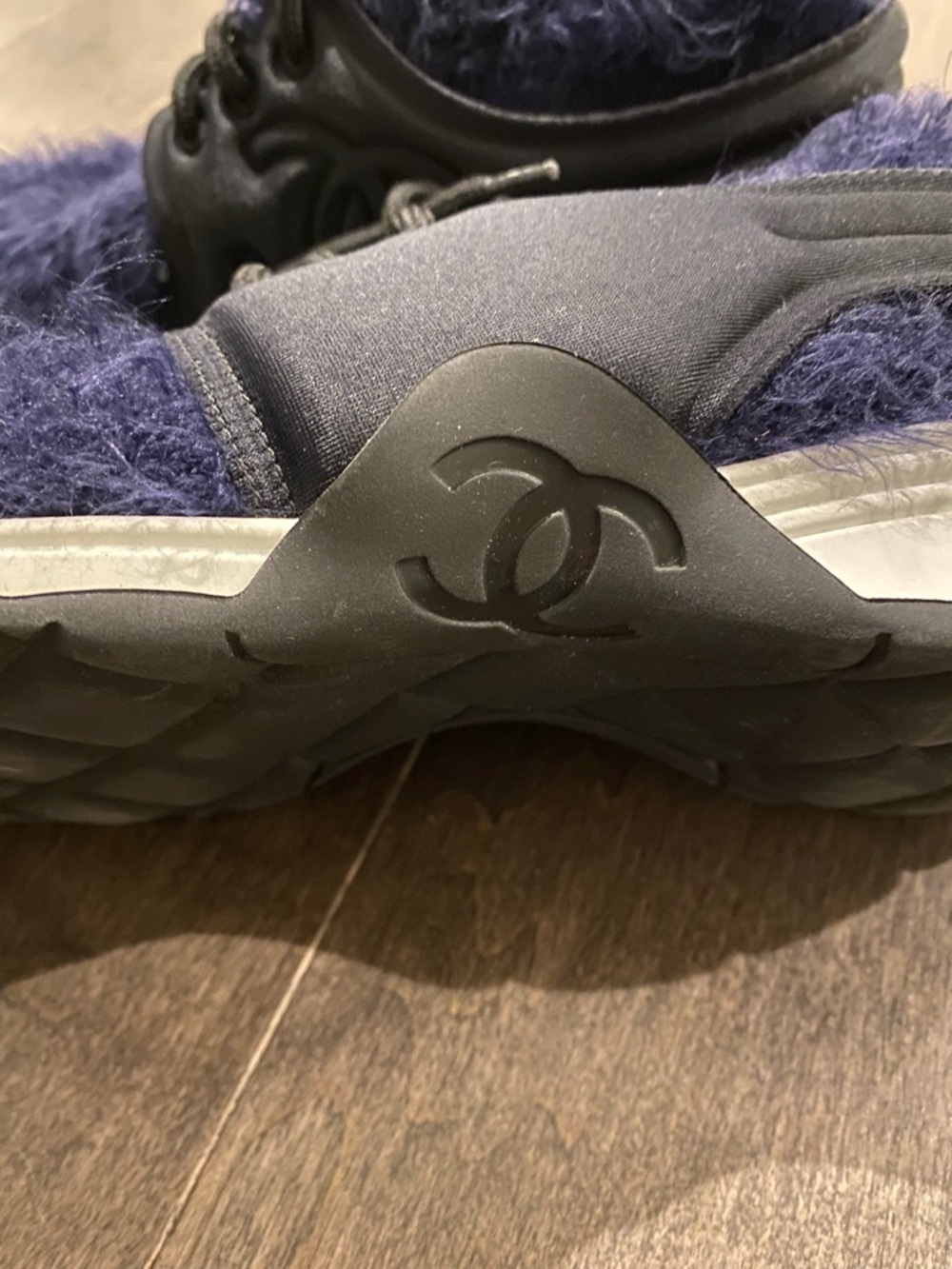 CHANEL Navy Fuzzy Lace-Up Sneakers - Picture 8 of 9